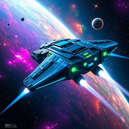 A futuristic cargo ship named DJIONE RHIEVE soaring through a vibrant galaxy filled with colorful nebulae and sparkling stars