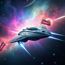 A futuristic cargo ship named DJIONE RHIEVE soaring through a vibrant galaxy filled with colorful nebulae and sparkling stars
