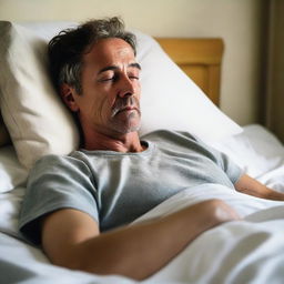 A high-resolution photograph of a man lying sick in bed, captured in natural light