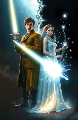 Two couples standing side by side, with the man holding a bright glowing Sword of Light and a Shard of Light Sword on the other side
