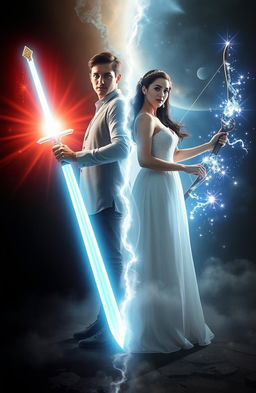 Two couples standing side by side, with the man holding a bright glowing Sword of Light and a Shard of Light Sword on the other side