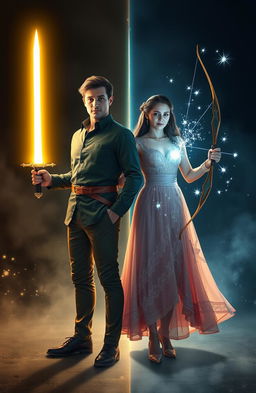 Two couples standing side by side, with the man holding a bright glowing Sword of Light and a Shard of Light Sword on the other side