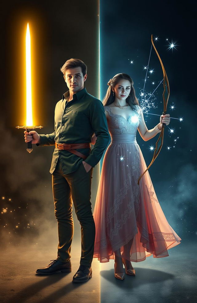 Two couples standing side by side, with the man holding a bright glowing Sword of Light and a Shard of Light Sword on the other side