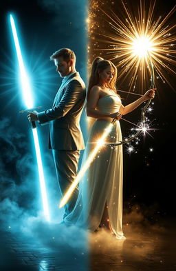 Two couples standing side by side, with the man holding a bright glowing Sword of Light and a Shard of Light Sword on the other side