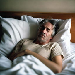 A high-resolution photograph of a man lying sick in bed, captured in natural light