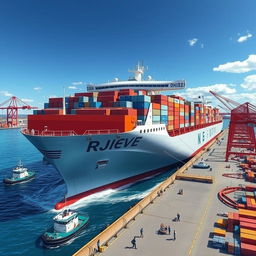 A detailed illustration of the DJIONE RHIEVE RORO ship, showcasing its massive size and modern design