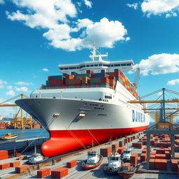 A detailed illustration of the DJIONE RHIEVE RORO ship, showcasing its massive size and modern design
