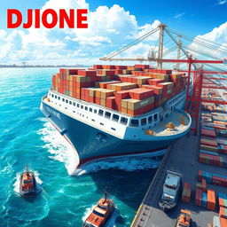 A detailed illustration of the DJIONE RHIEVE RORO ship, showcasing its massive size and modern design