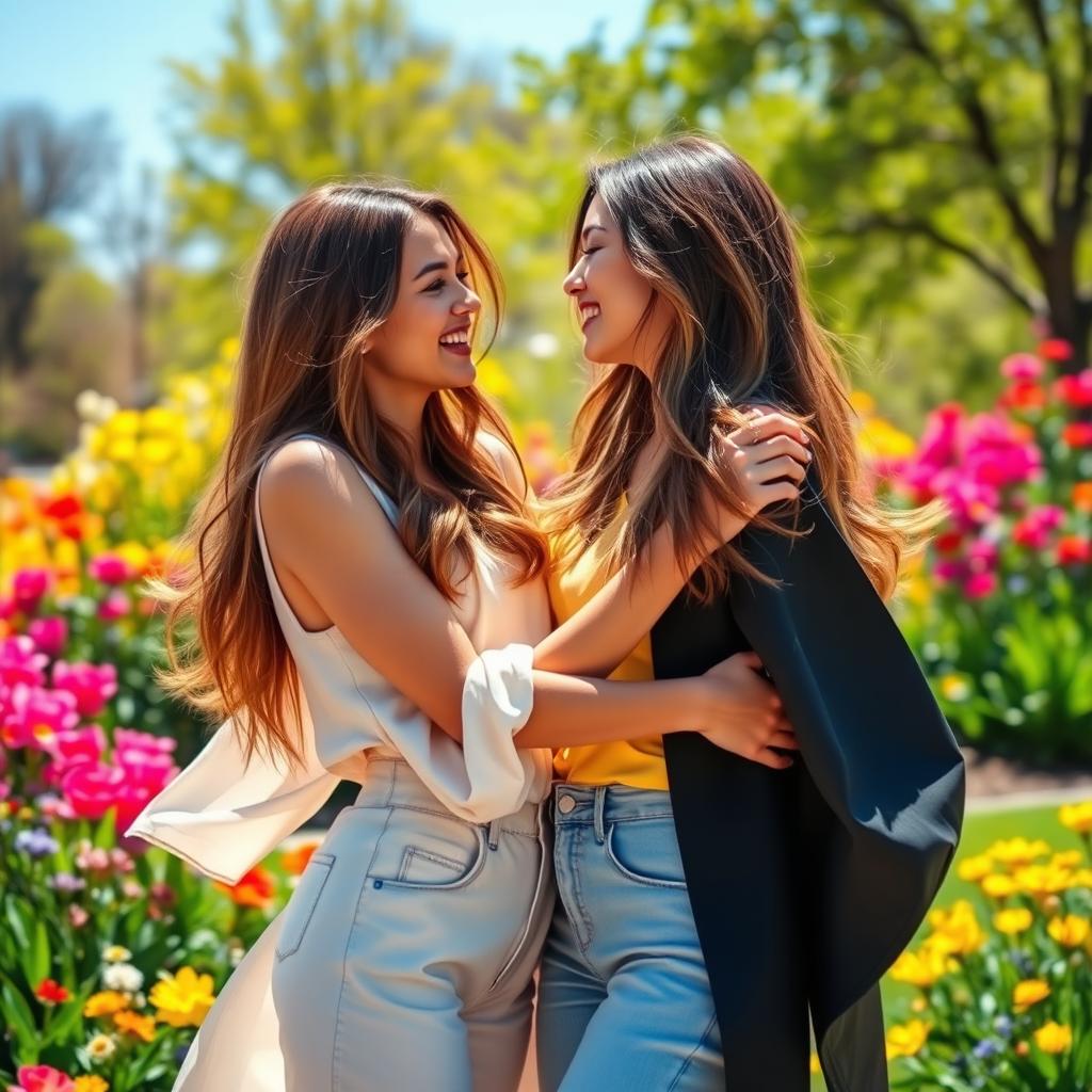 A vibrant and lively scene featuring two attractive women in a romantic embrace, surrounded by colorful flowers in a sunny park