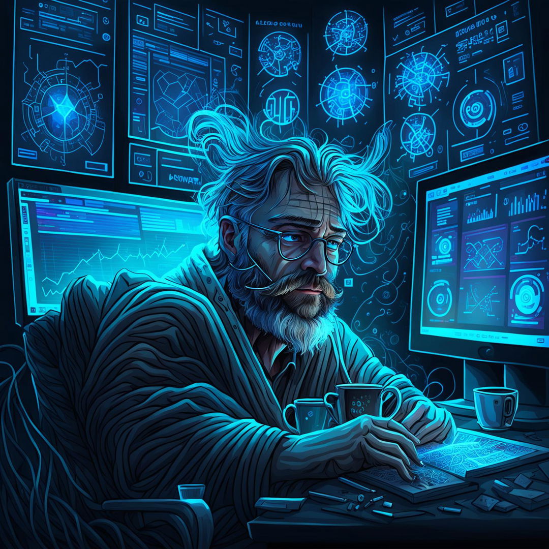 This high-quality digital art depicts Jeremy, sick with COVID but determined, surrounded by screens showing complex AI codes