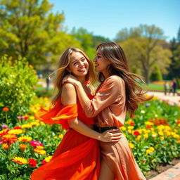 A vibrant and lively scene featuring two attractive women in a romantic embrace, surrounded by colorful flowers in a sunny park