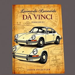 A book cover design featuring a classic Porsche 911 in the style of Leonardo Da Vinci, showcasing detailed sketches and artistic interpretations of the car, integrating elements of Renaissance art