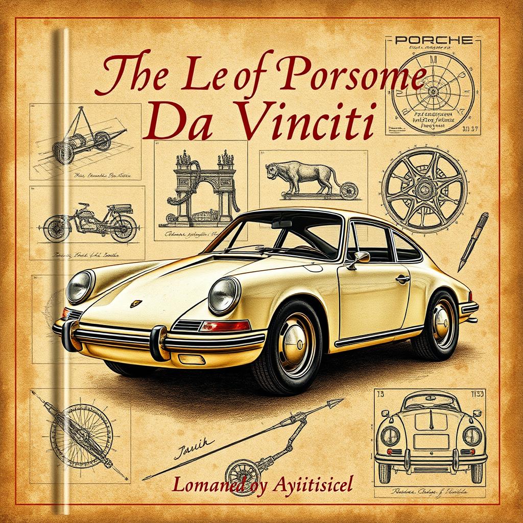 A book cover design featuring a classic Porsche 911 in the style of Leonardo Da Vinci, showcasing detailed sketches and artistic interpretations of the car, integrating elements of Renaissance art