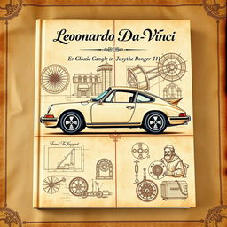 A book cover design featuring a classic Porsche 911 in the style of Leonardo Da Vinci, showcasing detailed sketches and artistic interpretations of the car, integrating elements of Renaissance art