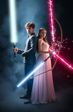 Two couples standing side by side, the man holding a radiant Light Saber with a bright glow and the other holding a Shattered Light Saber