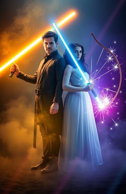 Two couples standing side by side, the man holding a radiant Light Saber with a bright glow and the other holding a Shattered Light Saber