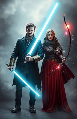 Two couples standing side by side, the man holding a radiant Light Saber with a bright glow and the other holding a Shattered Light Saber