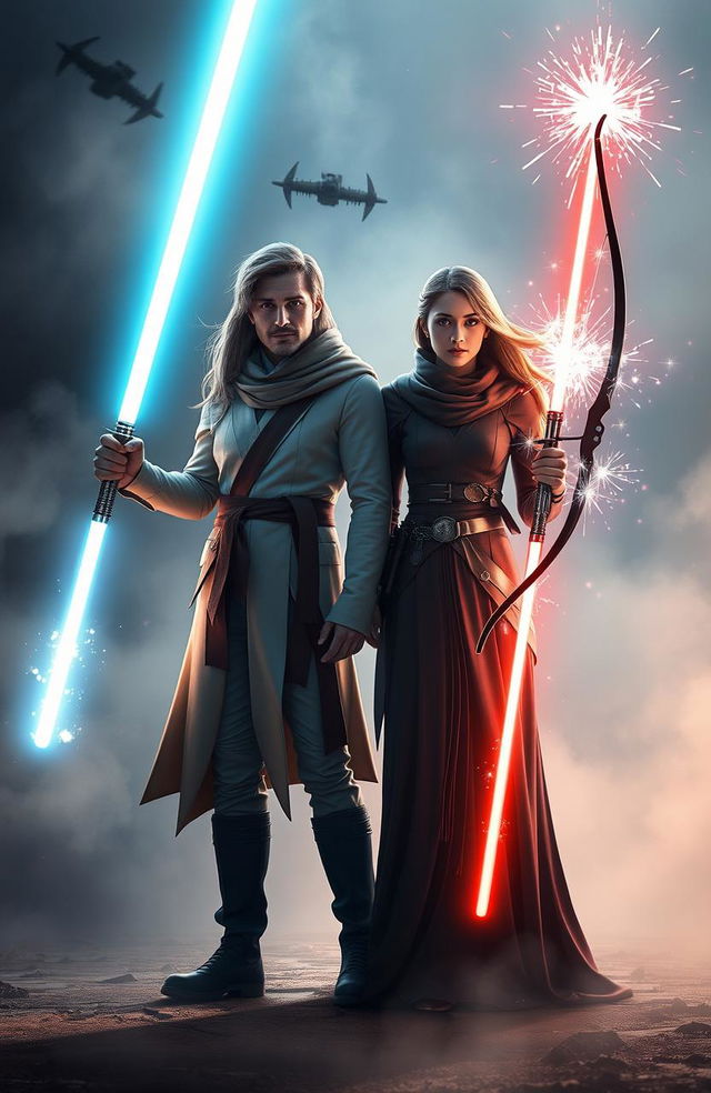 Two couples standing side by side, the man holding a radiant Light Saber with a bright glow and the other holding a Shattered Light Saber