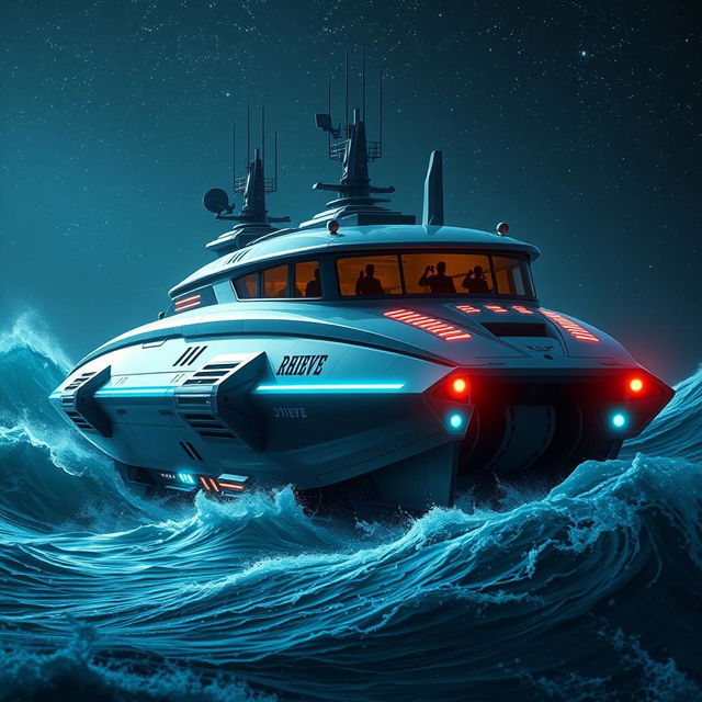 An imaginative scene of a futuristic bunker ship named DJIONE RHIEVE