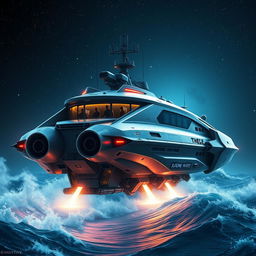 An imaginative scene of a futuristic bunker ship named DJIONE RHIEVE
