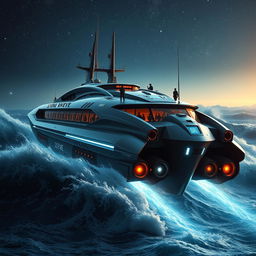 An imaginative scene of a futuristic bunker ship named DJIONE RHIEVE