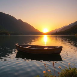 A serene landscape featuring a tranquil lake surrounded by lush greenery and majestic mountains, the sun setting on the horizon casting warm golden hues across the sky