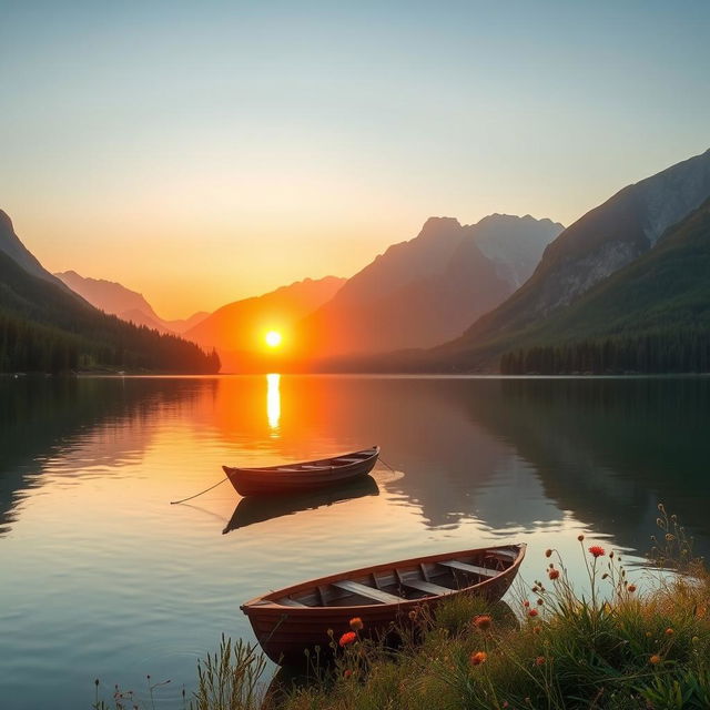 A serene landscape featuring a tranquil lake surrounded by lush greenery and majestic mountains, the sun setting on the horizon casting warm golden hues across the sky