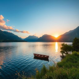 A serene landscape featuring a tranquil lake surrounded by lush greenery and majestic mountains, the sun setting on the horizon casting warm golden hues across the sky