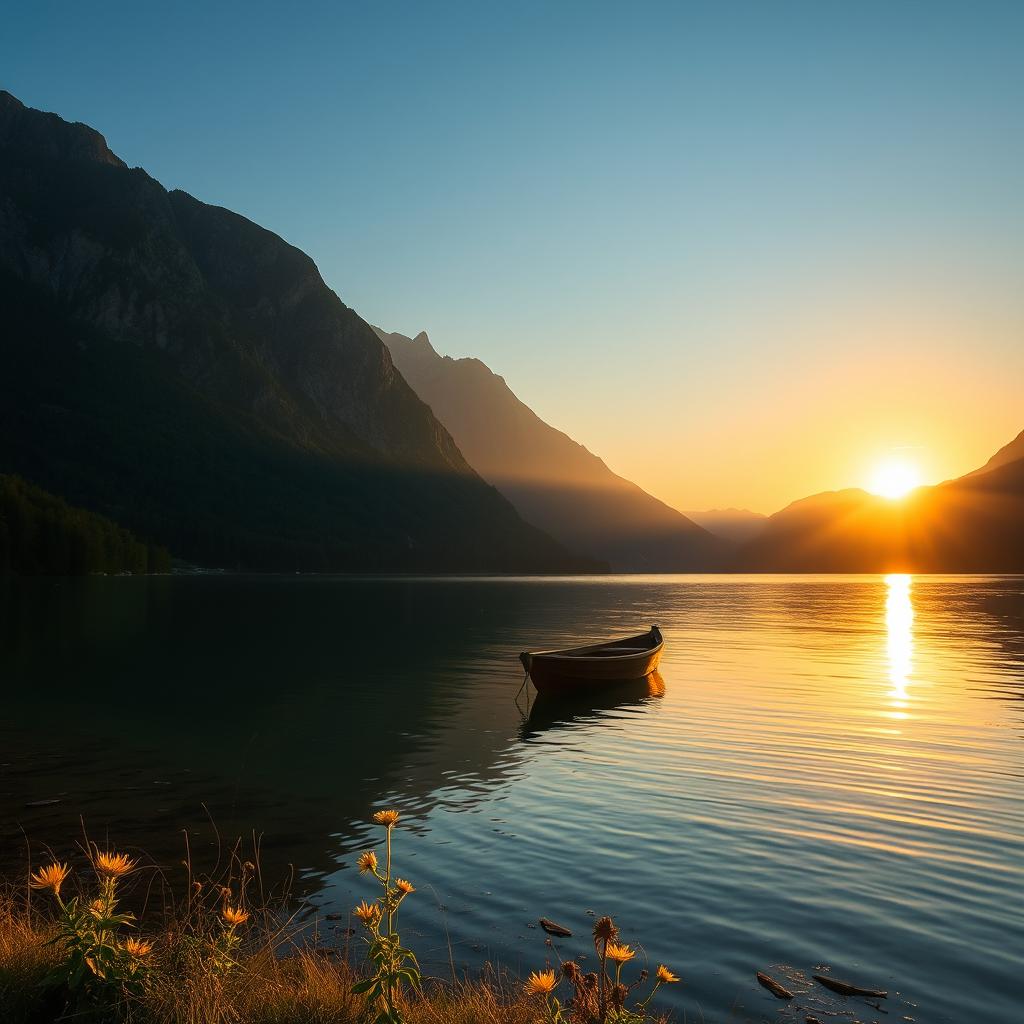 A serene landscape featuring a tranquil lake surrounded by lush greenery and majestic mountains, the sun setting on the horizon casting warm golden hues across the sky