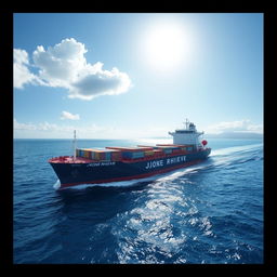 A large bulk carrier ship named DJIONE RHIEVE, navigating through serene blue waters