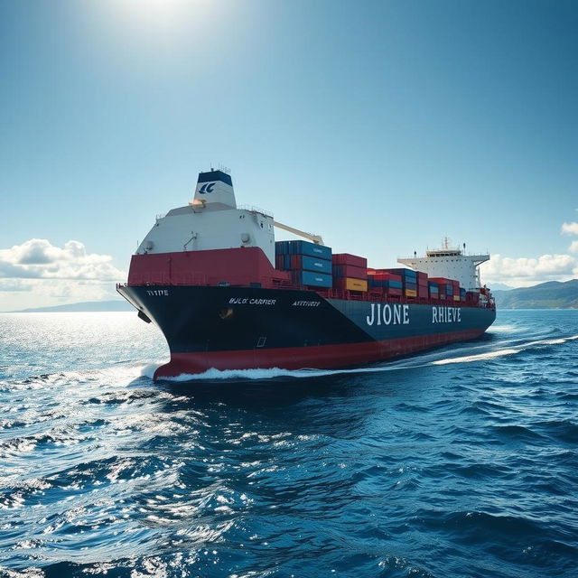 A large bulk carrier ship named DJIONE RHIEVE, navigating through serene blue waters