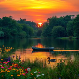 A serene landscape at sunset featuring a tranquil lake surrounded by lush green trees and colorful wildflowers in bloom