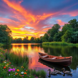 A serene landscape at sunset featuring a tranquil lake surrounded by lush green trees and colorful wildflowers in bloom