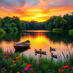 A serene landscape at sunset featuring a tranquil lake surrounded by lush green trees and colorful wildflowers in bloom