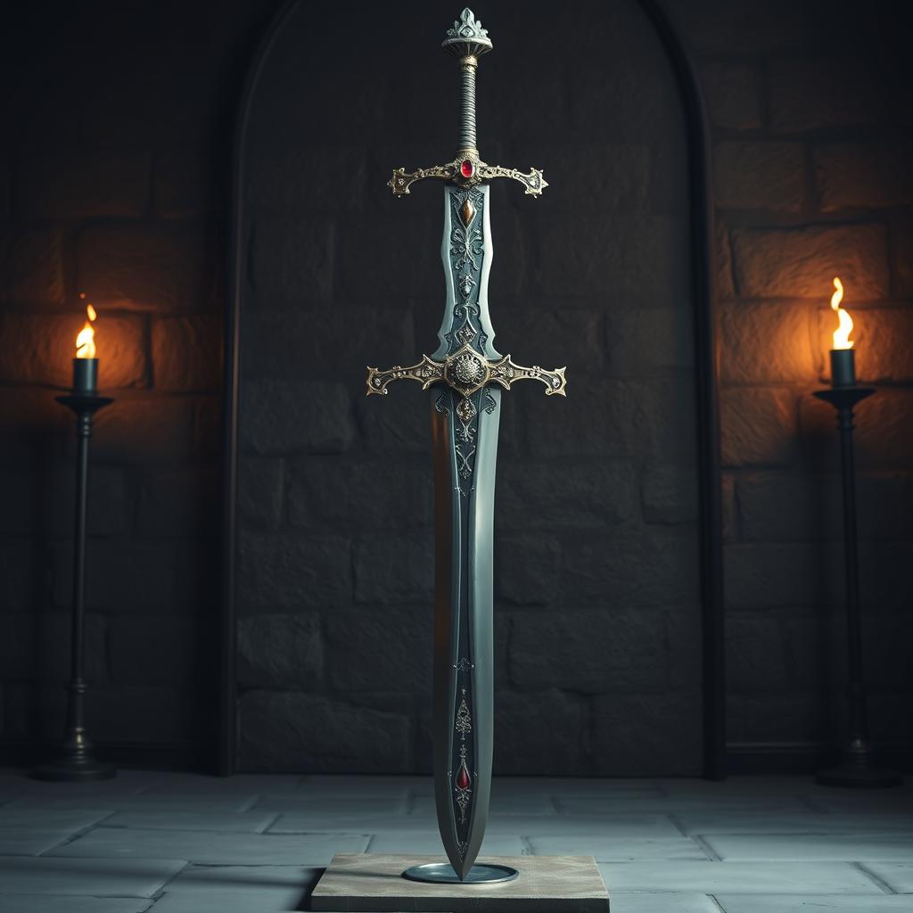 A large, intricately designed sword displayed in a medieval setting