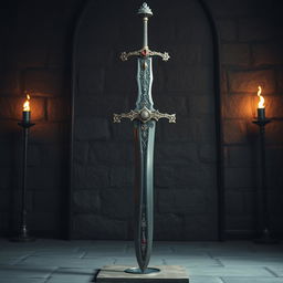 A large, intricately designed sword displayed in a medieval setting