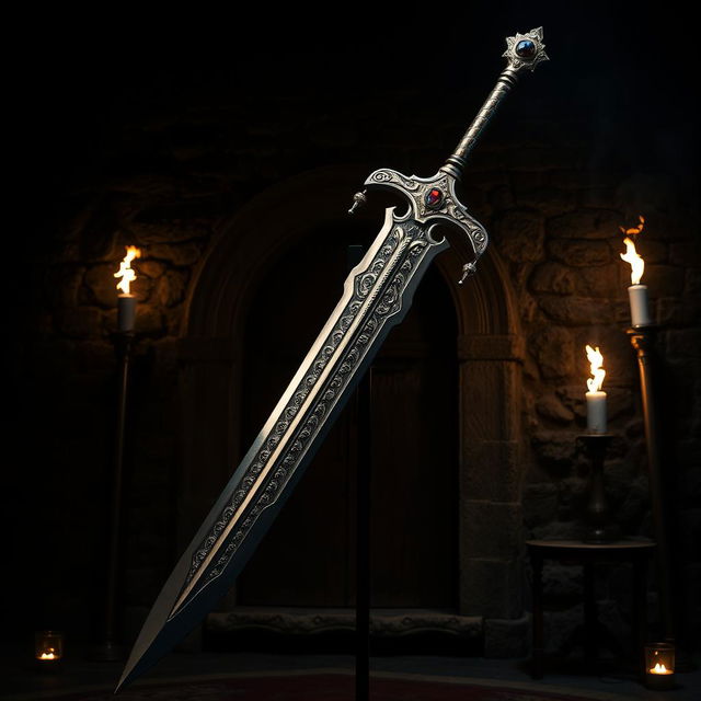 A large, intricately designed sword displayed in a medieval setting