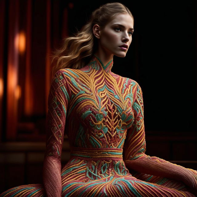 A high-definition, editorial-style photograph of a model in a different dress of vibrant color with exquisite embroidery details