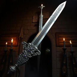 A large, intricately designed sword displayed in a medieval setting
