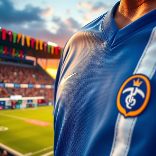 A stylish and sporty close-up of a vibrant blue jersey with white stripes, showcasing detailed stitching and a modern design