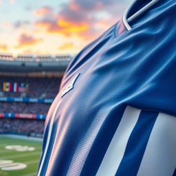 A stylish and sporty close-up of a vibrant blue jersey with white stripes, showcasing detailed stitching and a modern design