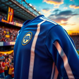 A stylish and sporty close-up of a vibrant blue jersey with white stripes, showcasing detailed stitching and a modern design