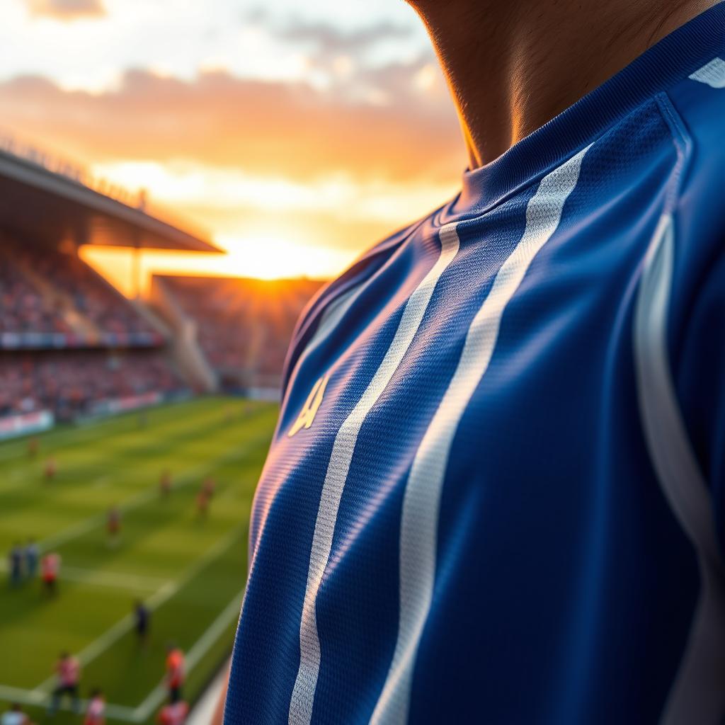 A stylish and sporty close-up of a vibrant blue jersey with white stripes, showcasing detailed stitching and a modern design