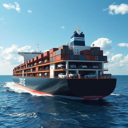 A stunning depiction of the DJIONE RHIEVE, a large bulk carrier ship, prominently featuring its RoRo (Roll-on/Roll-off) capabilities