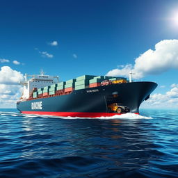 A stunning depiction of the DJIONE RHIEVE, a large bulk carrier ship, prominently featuring its RoRo (Roll-on/Roll-off) capabilities