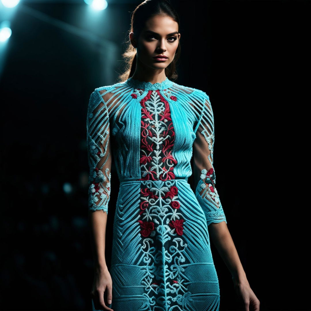 A high-definition, editorial-style photograph of a model in a different dress of unique color with exquisite embroidery details