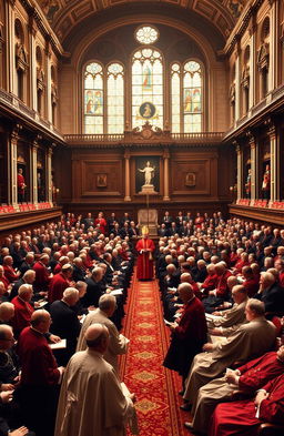 A historical representation of the opening session of the Second Vatican Council (Vatican II) in 1962, showcasing a large, ornate hall filled with bishops from all over the world, dressed in traditional clerical robes