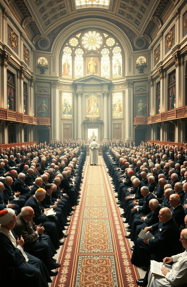 A historical representation of the opening session of the Second Vatican Council (Vatican II) in 1962, showcasing a large, ornate hall filled with bishops from all over the world, dressed in traditional clerical robes