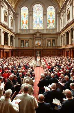 A historical representation of the opening session of the Second Vatican Council (Vatican II) in 1962, showcasing a large, ornate hall filled with bishops from all over the world, dressed in traditional clerical robes