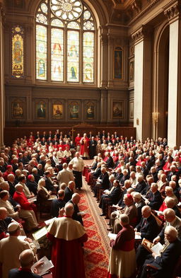 A historical representation of the opening session of the Second Vatican Council (Vatican II) in 1962, showcasing a large, ornate hall filled with bishops from all over the world, dressed in traditional clerical robes